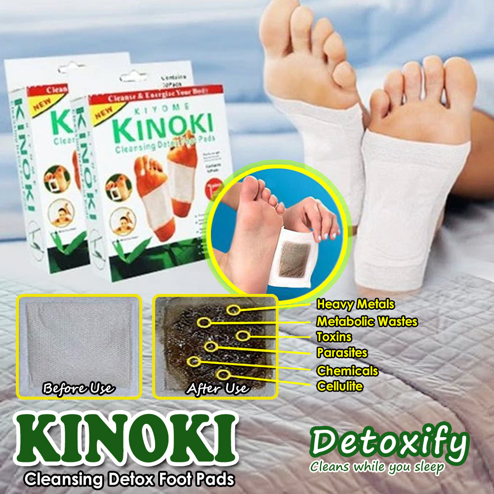 Kinoki Cleansing Detox Foot Pads packaging and usage with foot pads on feet.