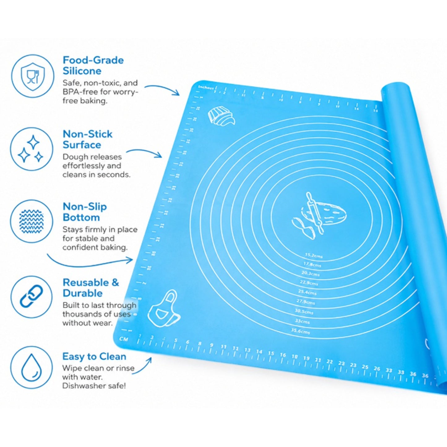 Silicone Baking & Rolling Mat with Measurement Guide – Non-Stick, Reusable, Easy to Clean
