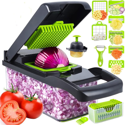 14-in-1 Multi-Function Vegetable Chopper & Slicer | Manual Mandoline Cutter & Grinder with Container