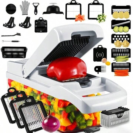 14-in-1 Multi-Function Vegetable Chopper & Slicer | Manual Mandoline Cutter & Grinder with Container