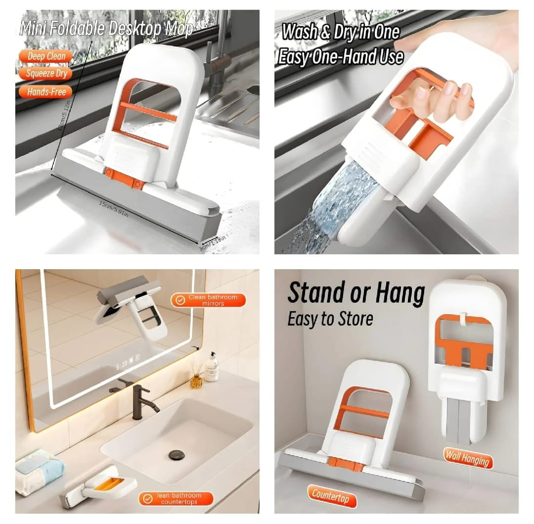 Foldable Mini Mop with Self-Squeezing Design | Portable Desktop Wet & Dry Cleaning Mop for Kitchen, Bathroom & Car