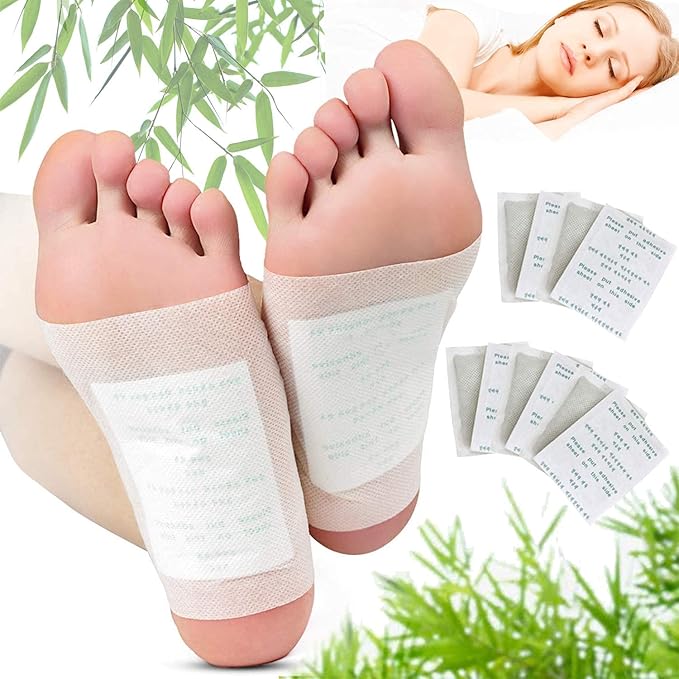 Foot care product with foot patches and a person lying down, surrounded by green leaves.